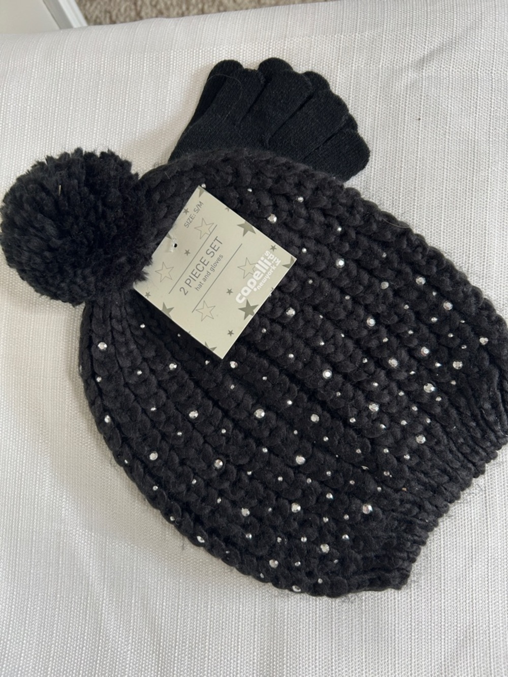 Capelli of New York Black Knit Pom Beanie & Matching Glove Set with Rhinestones